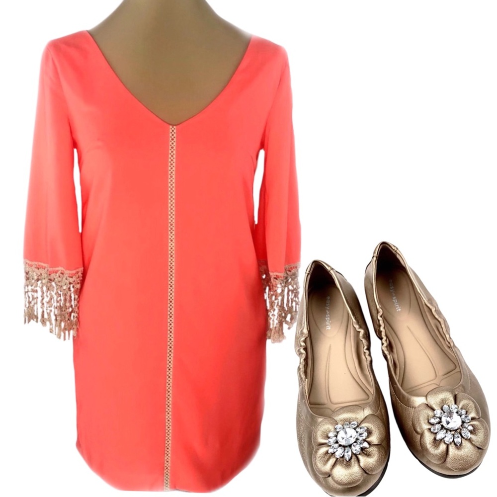 Ark & Co Neon Coral Pull Over Lace Trim Tunic Sz Small